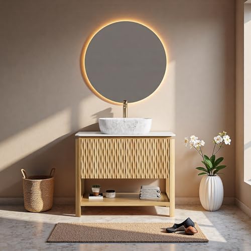 Image of 36 inch Bathroom Vanity with Sink, Freestanding Bathroom Storage Cabinet with Marble-Pattern Ceramic Basin & 2 Bamboo Texture Doors, Floor Stand Vanity Combo with Bottom Open Shelf, Natural