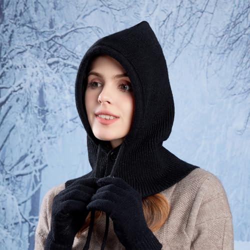 BSITSSS Warme Kapuzenschal 2 in 1, Multifunktionale Schalmütze Damen, Modisch Weiches Balaclava Damen, Schal mit Kapuze mit Kordelzug, Mützenschal für Outdoor-Sportarten
