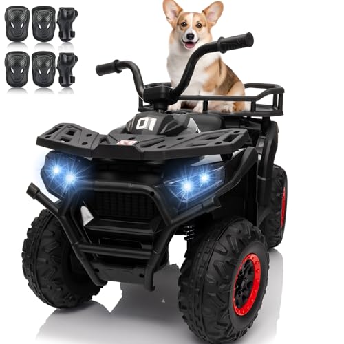 24V 4x4 Ride on Toys Car, BLISSRIDE Kids ATV Quad w/Kneepads, 5Mph Max Speed, Music, LED Lights, Rear Storage Rack, Big Tires, Safe Soft Start&Brake, Electric 4 Wheeler for Kids Boys Girls, L Black