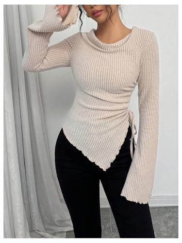 OYOANGLE Women's Ribbed Knit T Shirts Bell Sleeve Cowl Neck Drawstring Tee Elegant Asymmetrical Tops4