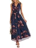 ANRABESS Womens Summer Floral Dress V Neck Sleeveless A Line Wedding Guest Maxi Tulle Dresses Casual Beach Vacation Clothes Brown Beige Floral Large