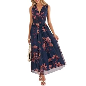 ANRABESS Womens Summer Floral Dress V Neck Sleeveless A Line Wedding Guest Maxi Tulle Dresses Casual Beach Vacation Clothes