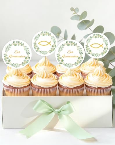 Cake Topper Kommunion, 24 Stück Fisch Eukalyptus Cupcake Torte Deko, Zur Kommunion Erstkommunion Tortendeko Junge Mädchen, Personalisiert Muffin Deko Party