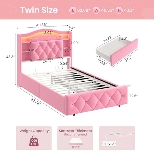 Image of DICTAC Twin Size Bed Frame for Girls with Storage Drawers, Bookcase Headboard, LED Lights and Power Outlets, Diamond Tufted Velvet Upholstered Princess Platform Bed, Heavy-Duty Metal Support, Pink