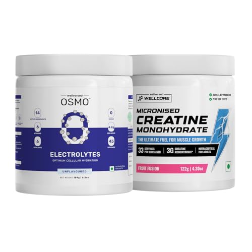 Image of Wellcore Creatine (33 Servings) Fruit Fusion + OSMO Electrolytes (45 Servings) Unflavoured | Combo for Muscle Growth, Energy & Hydration | Zero Sugar