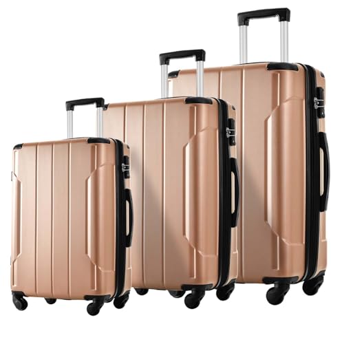 Altillo Luggage Sets 3 Piece PC+ABS Lightweight Hardside Luggage Sets with Double Spinner Wheels TSA Lock Hardshell Suitcase Set, 3-Piece Set (20/24/28) (Gold)