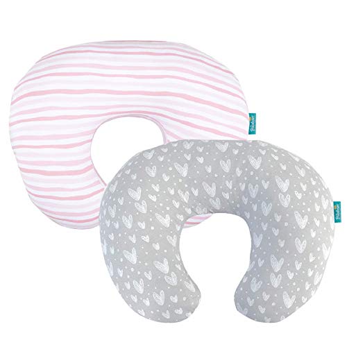 Image of Biloban Nursing Pillow Cover 2 Pack Pink and Gray, Stretchy 100% Jersey Cotton Nursing Pillow Slipcovers for Moms Breastfeeding and Bottle Feeding Pillow, Large Zipper Ultra Soft Nursing Pillow Cover