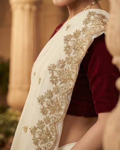 Image of Handcrafted Floral Embroidered Saree with Contrast Blouse