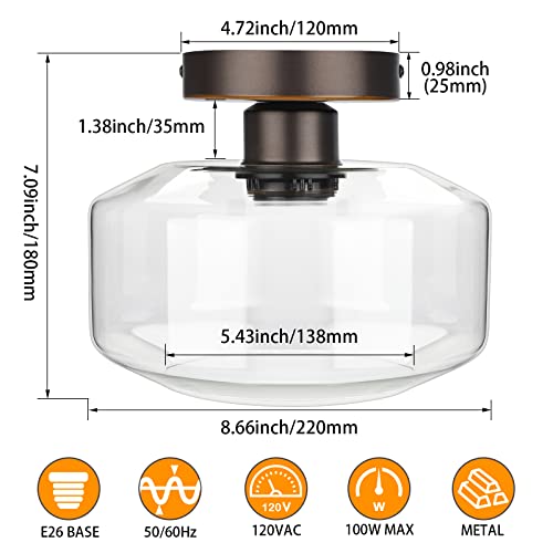 Maxvolador Industrial Semi Flush Mount Ceiling Light, Clear Glass Pendant Lamp Shade, Oil Rubbed Bronze Farmhouse Lighting For Hallway Bedroom, Vintage Hanging Light Fixtures, Bulb Not Included #TOP1