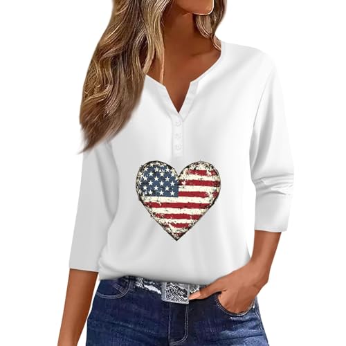 Image of 4th of July Shirts Women 3 /4 Length Sleeve Womens Tops Henley Neck Casual Patriotic T Shirts