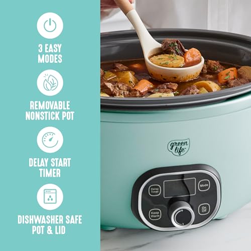 GreenLife 8QT Slow Cooker, Non-Toxic PFAS-Free Ceramic Nonstick Removable Interior Bowl, Programmable, Family Friendly, Keep Warm, Stovetop & Oven Safe, Dishwasher Safe Crock, Glass Lid, Turquoise by GreenLife - Image 4