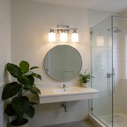 Image of Ascher Bathroom Light Fixtures, 3-Light Vanity Light Over Mirror, Modern Brushed Nickel Wall Sconces with Milky White Shades, Wall Lamp for Kitchen Hallway Cabinet Porch E26 Base