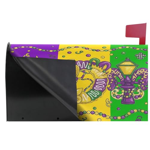 Image of Happy Mardi Gras Magnetic Mailbox Covers Fleur de Lis Masquerade Mask Mailbox Cover Standard Size Full Magnet Garden Yard Porch Mail Boxes Cover Holiday Decorations 21 inch L x 18 inch W