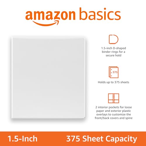 Image of Amazon Basics 3 Ring Binders, 1.5 Inch D-Ring Organizer for School, Home Office, White, 4 Pack