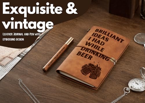 InnoBeta Beer gifts Leather Journal Notebook with Pen, for Beer Lovers, Men, Women on Birthday, Refillable Sketchbook, Travel Diary, Lined Planner, 7x5 Inches, Brown
