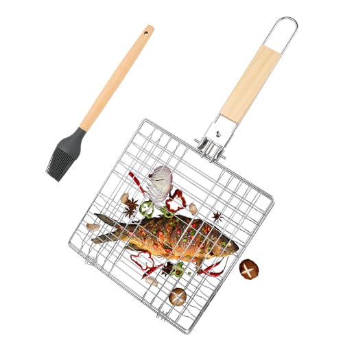 AROMUJOY Edelstahl Fisch-Grillkorb, Faltbarer BBQ Grillkorb Fischbräter, Barbecue Grillschale Tragbar, Grill Fischhalter mit Faltbar Holzgriff & Silikonbürste für Gemüse Steak Garnelen