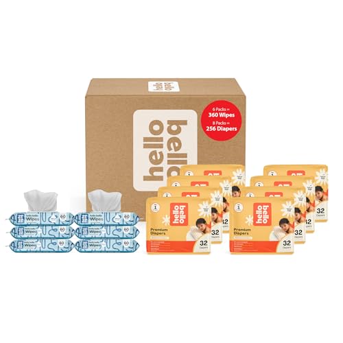 Image of Hello Bello Mega Surprise Pack, Size 1 (8-12 lbs), 256ct Hypoallergenic Assorted Diapers with a Soft, Cloth-Like Feel Plus 360 Ultra Gentle Unscented Baby Wipes in 6 Resealable Packs