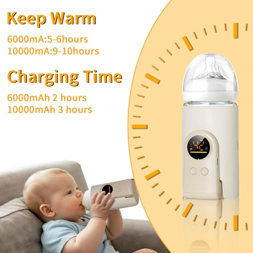 Upgrade Portable Bottle Warmer for Travel, 6 Temp with Smart Temperature Control & Night Light Display, Fast Warming, Long-Lasting Warming up to 5-8H, Comfortable Baby Feeding On The Go (6000mAh)