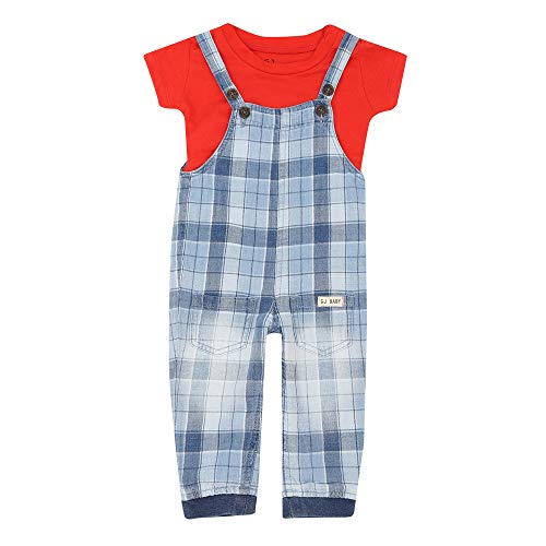 Image of Gini & Jony Girls Round Neck Checked Dungarees and Tee Set
