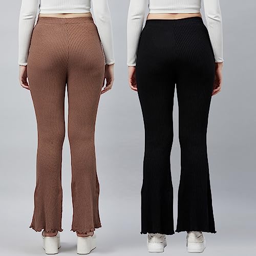Image of BLINKIN Women's Stretch Fit Mid Rise Ribbed Stretchable Flared Pants | Boot Cut Bell Bottom Pants - Ideal for Yoga & Gym Wear,Casual Wear & Office Wear Trousers