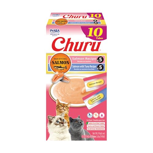 Image of INABA Salmon Churu Cat Treats, Lickable, Squeezable Creamy Puree Cat Treat with Green Tea Extract & Taurine, 0.5 Ounces Each Tube, 10 Tubes, Salmon & Tuna Variety