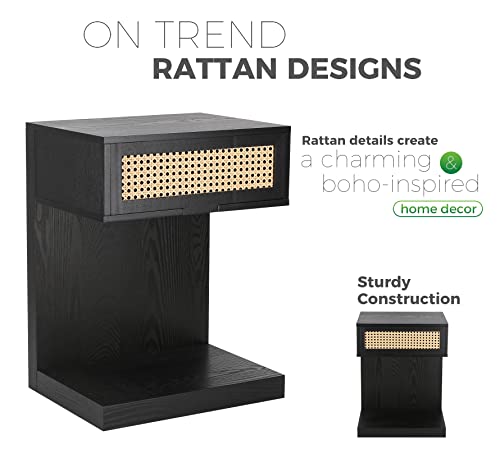 Rattan Nightstand, Black Side Table With Drawer, Modern Boho Nightstands, Mid-Century End Table With Storage, Small Side Tables Bedside Table For Bedroom Living Room Balcony (Black) #TOP3