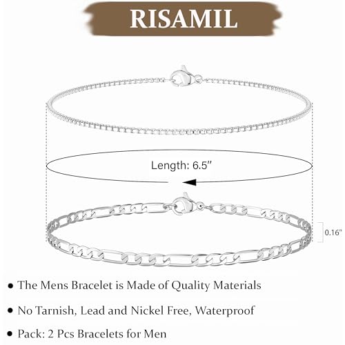 Mens Bracelet - Silver Bracelets for Men 2pcs Men's Bracelets Set with Box & Cuban Link Available in Various Lengths (6.5/7/7.5/8/8.5/9 inch) Sterling Silver Bracelet for Women Charm Bracelet Mens Jewelry Gift2