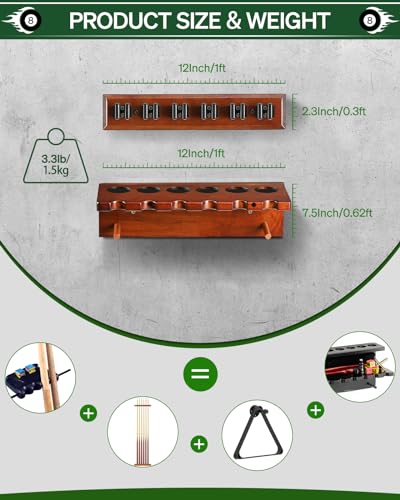 EXTCCT Pool Cue Rack Stick Holder - Wall Mount Billiards Pool Cue Rack Oak Solid Hardwood Pool Cue Set Holder for 6 Cues Sticks Storage Pool Table Accessories Equipment Organizer
