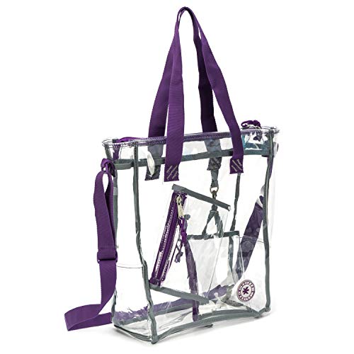 K-Cliffs Quality Clear Tote Durable See Through Work Bags Heavy Duty Transparent Pvc Shoulder Lunch Bag Handbag Free Coin Pouch Purple Trim #TOP2