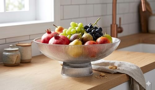 Image of Modern Ribbed Glass Fruit Bowl with Pedestal Stand 10 Inch Set of 1, Luxury Fluted Glassware Pedestal Bowl for Fruit, Salads, Decor (Black Color)