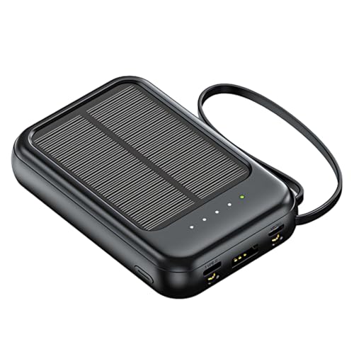 Cargador solar de 10000 mAh, banco de energía portátil con cables integrados, luz LED, fuente móvil impermeable al aire libre, múltiples puertos de salida, compacto para camping, viajes, emergencia