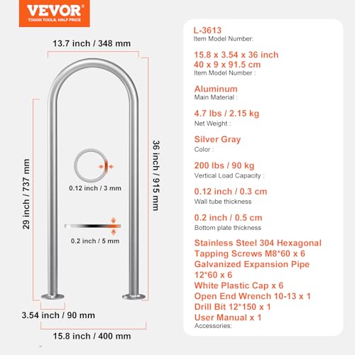 VEVOR Pool-Handlauf, 400 x 90 x 915 mm, Pooleinstieg Aluminium mit Grundplatte für Innen-/Außenpools, benutzerfreundliche Einstieghilfe für Schwimmbäder, Haltegriff mit Zubehör für Spas und Docks