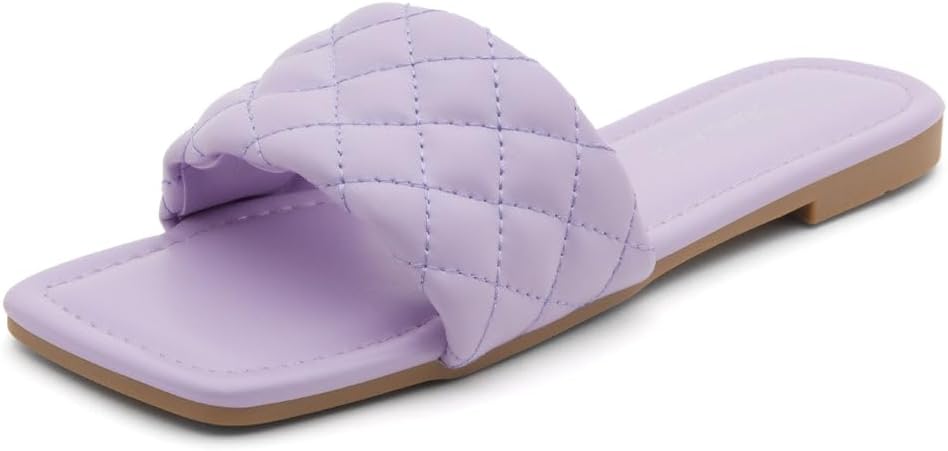 Shoe Land Anisha Women’s Flat Sandals, Fashion Slides with Square Open Toe, Quilted Single Band Dressy Sandals, Slip-On Slippers for Summer, Daily Wear, Prom, and Party