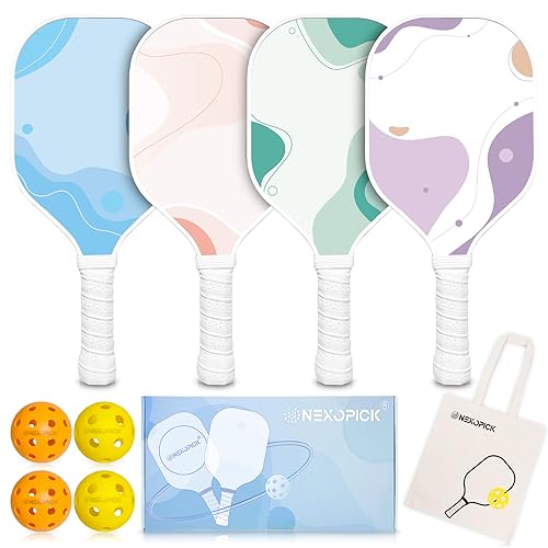 Nexopick Pickleball Paddles Set of 4, USAPA Approved, Cute Pickleball Set of 4, Premium Pickleball Racket, 4 Indoor Outdoor Pickleball Ball, Pickleball Accessories, Improved Ergonomic Grip, Canvas Bag