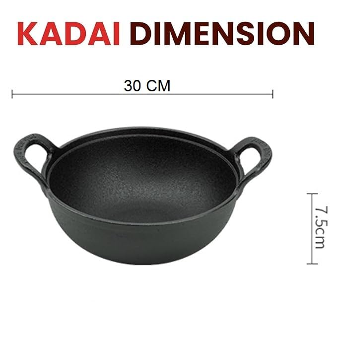 Image of Preseasoned Cast Iron Kadai with Double Handle|Medium 30 Cm /1.8Ltr,3..2Kg| Induction Friendly|Nonstick Pure & Toxin Free,No Chemical Coating,Black