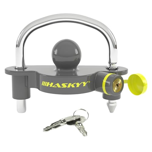 HASKYY Anhängerschloss Anhängerkugelsperrkupplung Diebstahlschutz Anhänger-Sicherung Abschleppsperre I Hochleistungs-Stahl I Aluminiumlegierungssockel I Wohnwagen Schutz Metall-Gun Grau
