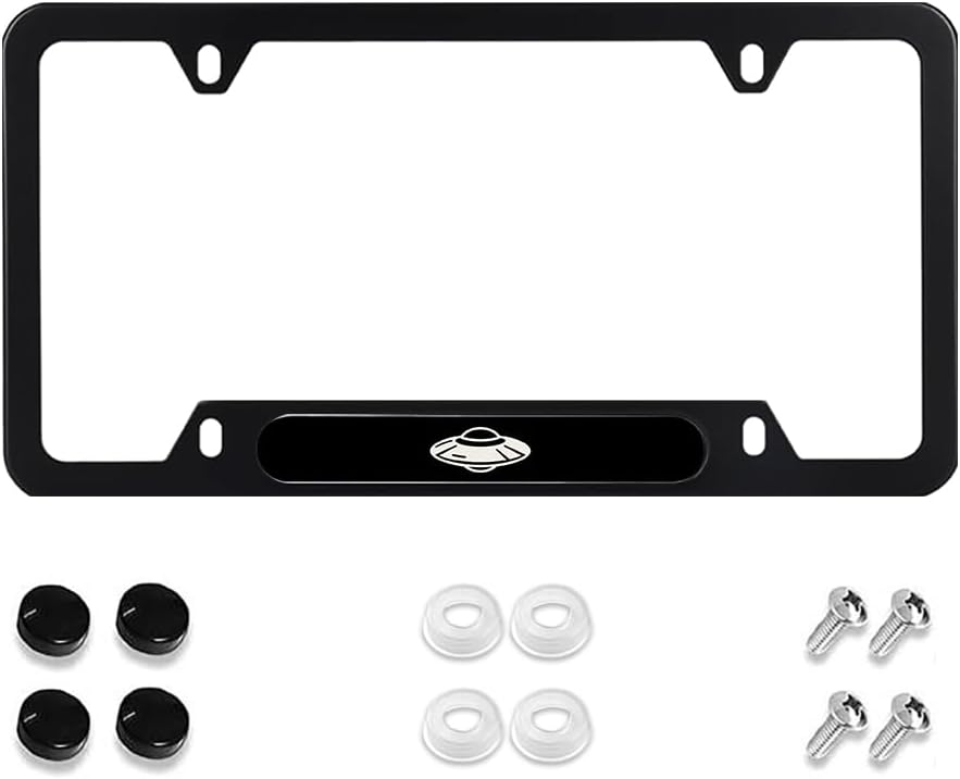 Black Aluminum License Plate Frame - UFO Pattern Design, US Standard Size, Rust-Proof Metal License Plate Holder for Front/Rear Car Tags