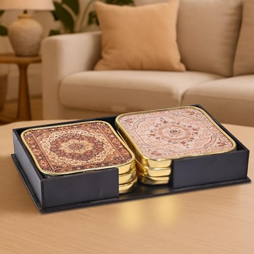 Image of Rousrie Stylist Modern Wooden Coasters with Golden Border | Set of 6 | Stand Included Premium Handmade Coaster for Tea Cups, Coffee Mugs, Beer Mugs, 10 by 10 cm (Vintage Pattern)
