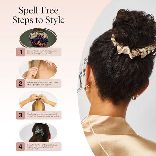 Image of Harry Potter x Kitsch Satin Scrunchies - Softer Than Silk, Damage Free Hair Ties for Girls and Women, Featuring All House Crests- Hair Accessories for All Hair Types | Ideal Gifts for Women - Set of 4