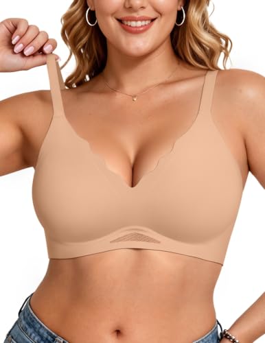 Image of Vertvie Jelly Bras for Women No Underwire Supportive | Seamless Wireless Bralette, Cool Breathable Mesh, Push Up Scalloped V-Neck, Full Coverage Tshirt Bra, Soft Comfortable