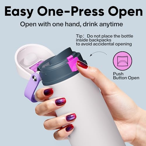 Image of Insulated Water Bottle with Straw - Encool Stainless Steel Water Bottle with Push Button Lid, Leak-Proof & BPA-Free, Keeps Cold for 24 Hours for Sports, Travel, Gym (18 oz, Oyster Pink)