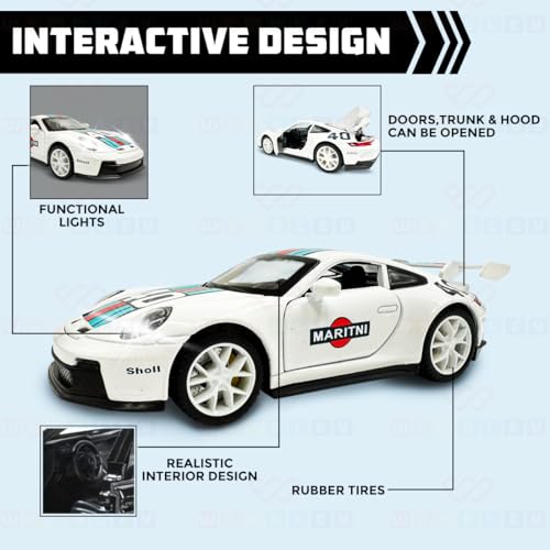 Image of Wembley Kids Metal Diecast Sports Car| Realistic Pull Back Metal Car| Unique Porsche Toy with Openable Doors| Battery Operated Car with Lights & Sound Effects| Ideal Gift for Age 5+ (White)