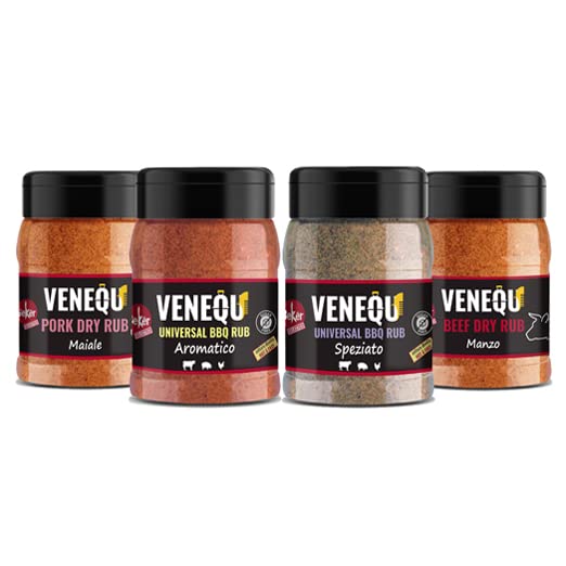 VENEQU BBQ Dry RUBs Gourmet Set #3 (150 g x 4 RUBs) Made in Italy | 1 x Pork Rub, 1 x Beef Rub, 1 Aromatic Rub y 1 Picante Rub