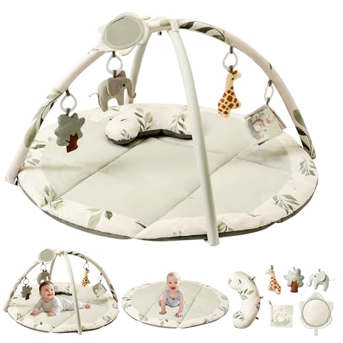 Image of Fortella Baby Play Gym & Activity Mat, Machine Washable & Foldable Tummy Time Mat with 5 Detachable Toys, Certified Safe Newborn Essentials Gift for Baby Registry 0-12 Months (Sage Green)