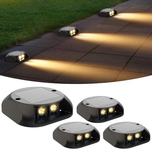 Image of Quntis Solar Step Lights Outdoor Garden 4 Pack, Warm White Pathway Lighting IP65 Waterproof, Pressure Resistant 3 Tons Solar Ground Lights for Stair Garden Step Deck Patio Front Door