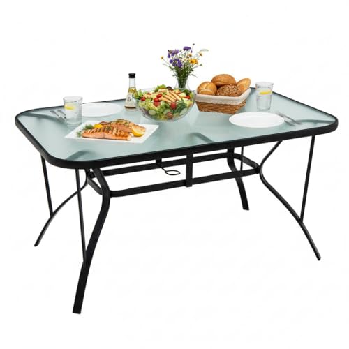 Tangkula 55" Patio Dining Table for 6, Rectangle Outdoor Dining Table with Tempered Glass Tabletop, Umbrella Hole & Metal Frame, 6-Person Outside Dining Table for Backyard, Lawn, Deck & Poolside