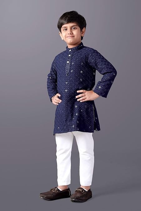 Image of Valaki Kurta Pajama Set for Boys Cotton Blend Mirror Work Embroidery Kurta Pyjama for Boys