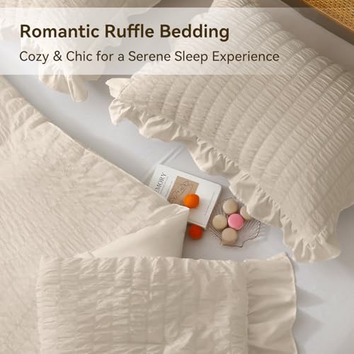 JOLLYVOGUE Beige Twin Size Comforter Set, 2 Pieces Seersucker Lightweight Fluffy Bedding Set, Twin Ruffle Comforter, All Season Soft Microfiber Shabby Chic Bed Set