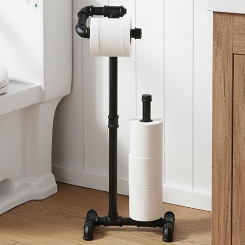 KES Rustic Toilet Paper Holder with Reserve, Farmhouse Toilet Paper Holder Stand Bathroom Industrial Pipe Toilet Paper Storage Black, BPH503A-BK