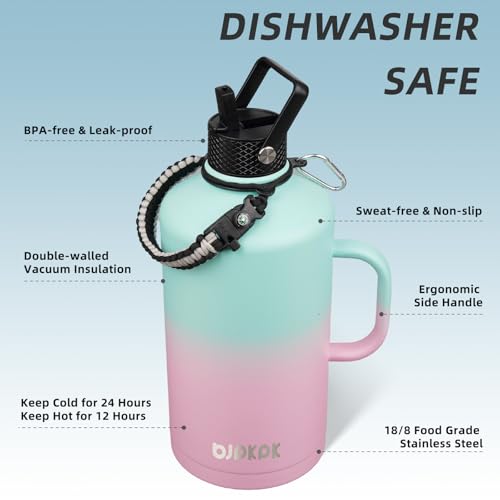 Image of BJPKPK 1 Gallon Water Bottle Insulated with Straw Lid, 128oz Large, Stainless Steel Water Bottles with 3 Lids and Paracord Strap, Double Wall Vacuum Metal Water Jug,Marshmallow